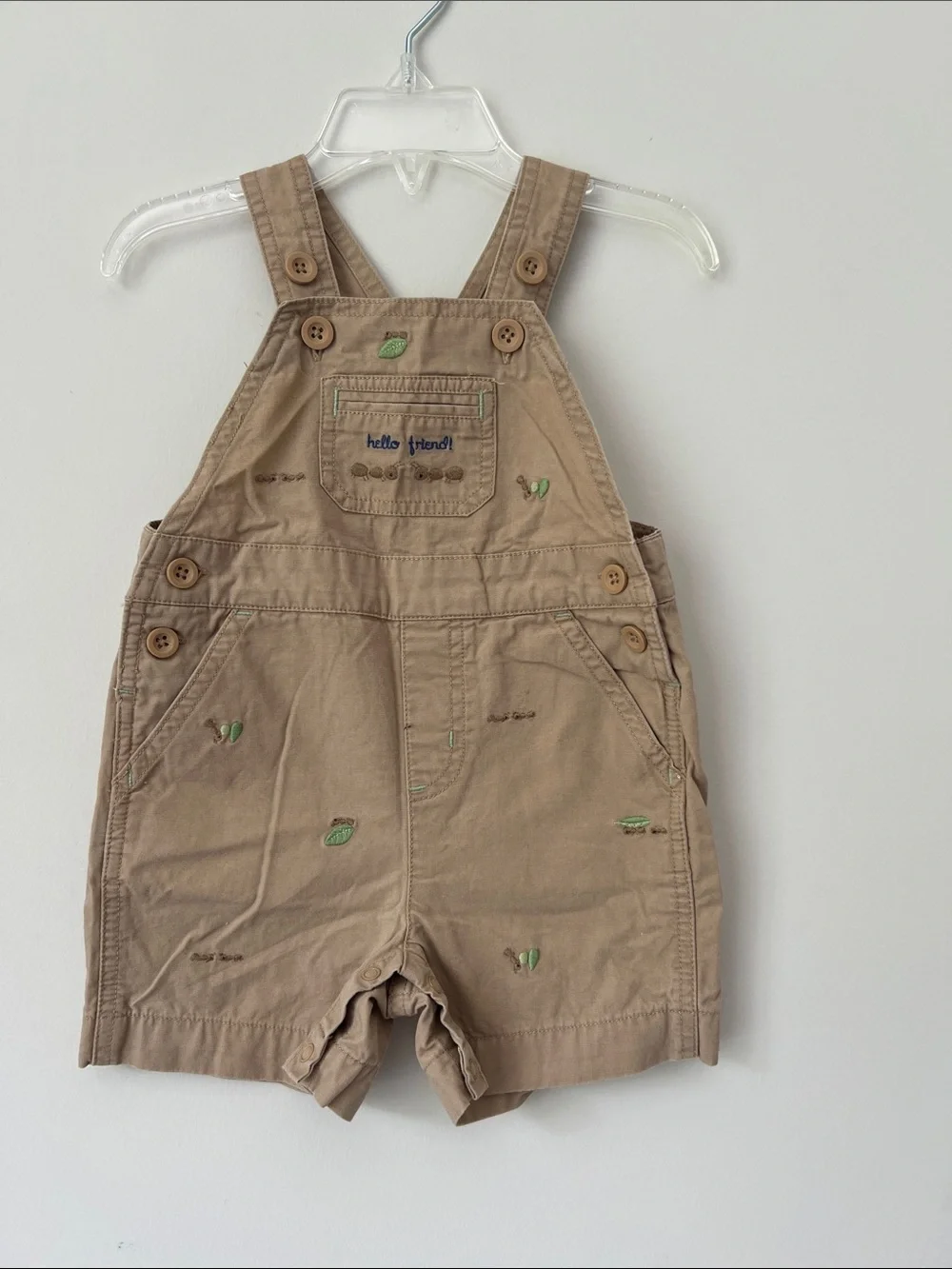 Gymboree Tan Short Overalls with Green Embroidery